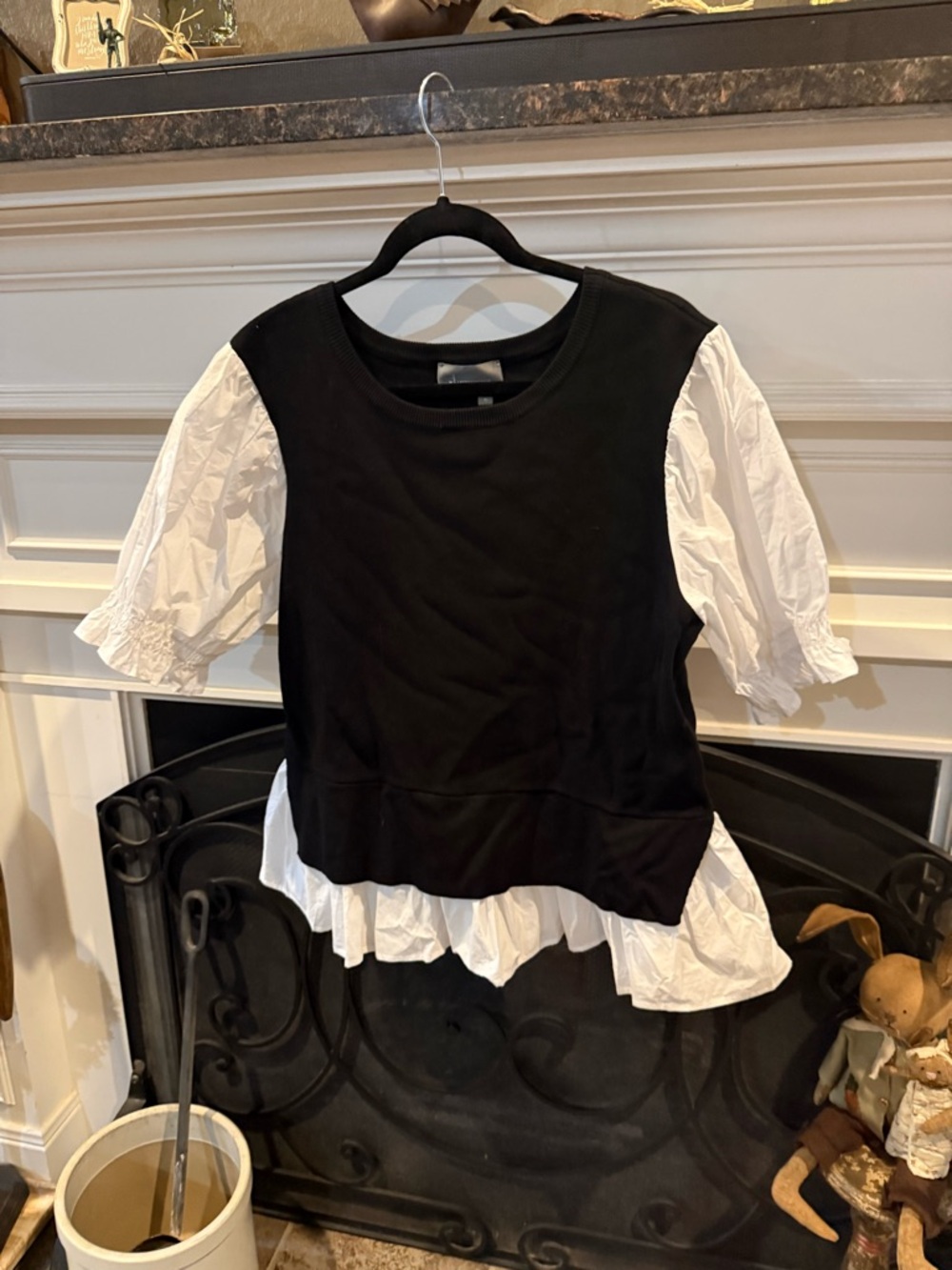 Anthropologie Black Knit Top with White Puff Sleeves